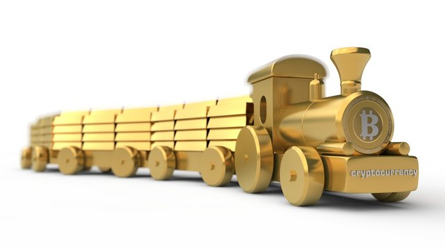 3D illustration of Golden toys train cars of gold bullion, coin pictures ahead of bitcoin, the cryptocurrency.  The idea of credit, Fund, budget, wealth. Image isolated on white background.