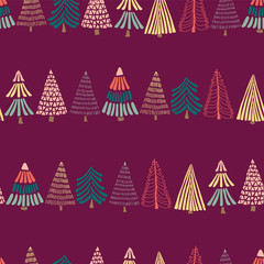 Modern doodle Christmas trees in a row on a dark pink purple background. Seamless vector pattern background. Perfect for holiday cards, wrapping paper, and fabric. Modern abstract Christmas design.