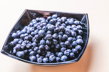 blueberries in a glass plate on an orange background.