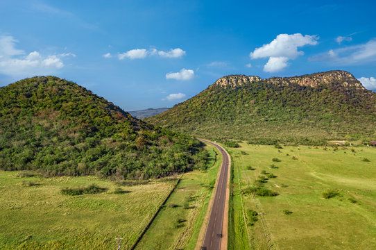 Aerial view of the Cerro Jhú (Cerro Negro). This hills are one of the visual landmarks of the city of Paraguari in Paraguay.