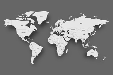 Political map of World. Light grey map with country borders and labels with dropped shadow on dark gray background. Vector illustration.