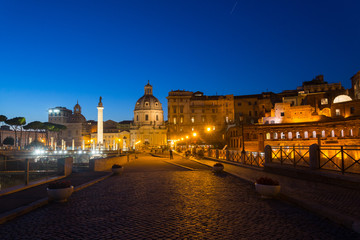 Night scenery on the street at Roman square surrounded with Trajan Forum, Trajan's Market, Foro di...