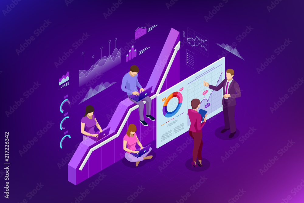 Poster isometric web banner data analisis and statistics concept. vector illustration business analytics, d