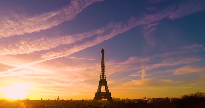 The sunrise time lapse over the Eiffel Tower of Paris. Colourful time lapse with no extra movement.