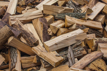 Woodpile of chopped lumber. Pile of wood logs. Stacked firewood timber