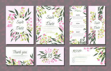 Floral Wedding Invitation with Vector Eucalyptus Leaves, Forest Herbs, Elegant Decorative Flowers. Vintage Invite, Menu, Rsvp, Thank You Label. Save the Date Card. Wedding Invitation in Pastel Colors.