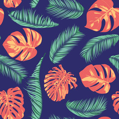 Fototapeta na wymiar Summer Exotic Floral Tropical Palm, Philodendron Leaf. Jungle Leaf Seamless Pattern. Botanical Plants Background. Eps10 Vector. Summer Tropical Palm Wallpaper for Print, Fabric, Tile, Wallpaper, Dress