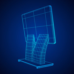 LCD Screen Stand. Trade Show Booth. Tv info kiosk wireframe low poly mesh vector illustration