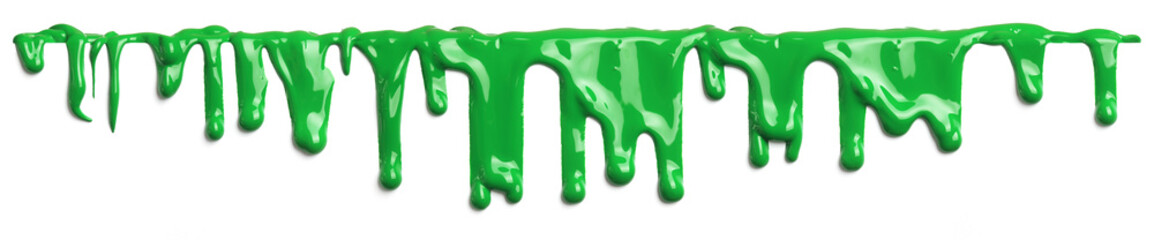 Green slime like paint dripping isolated on white
