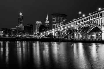 Fototapeta na wymiar The Cleveland skyline at night, from Heritage Park, in Cleveland, Ohio