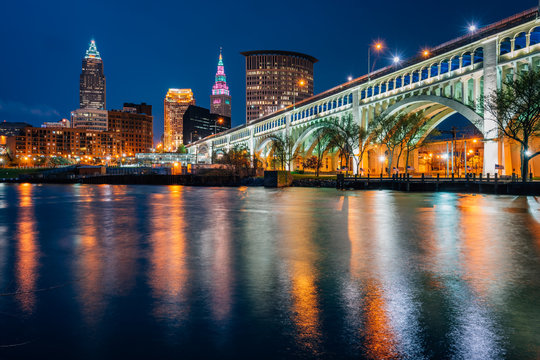 The Cleveland Skyline And Detroit-Superior Bridge At Night, In Cleveland, Ohio