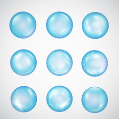 Water vector bubbles set. Pure blue  vector drops. Symbol of ecological safety, natural, clean beverage, essential element of life, environment pollution or aqua deficiency issue isolated on white.