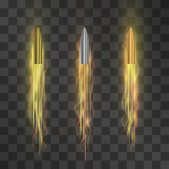Fired bullets set with shining trails, flying to the target.  Aggressive attack, dangerous fight, powerful strike or conflict symbol. Bronze, silver and golden slugs on transparent background.