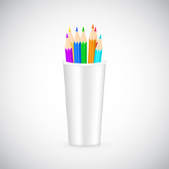 Vector school pencil set in a plastic cup, college supply for notes and drawing, symbol of creativity, learning. Realistic 3d of writing tool for mock ups, posters, ads with blank space for branding.