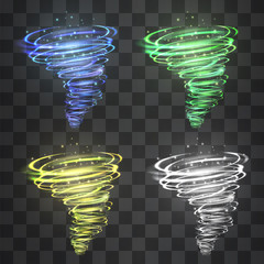 Winter hurricane light effect. Vector glowing tornado, swirling storm cone of cold shining flames on transparent background. Glittering blizzard flame funnel,  blue magical illumination.