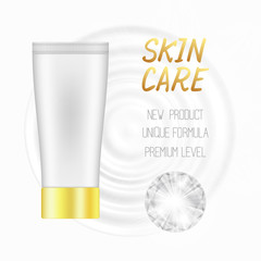 Beauty product tube poster with moisturizer ripples and sparkling diamond on white background. Skin lotion, premium care in luxurious design layout. Creamy substance: lotion or mask for face or body.