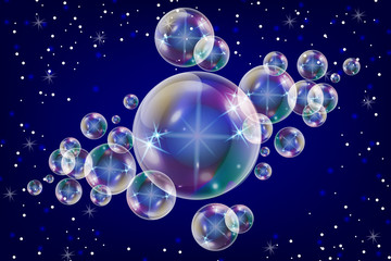 Realistic soap bubbles with rainbow reflection set isolated on the blue sparkling background.