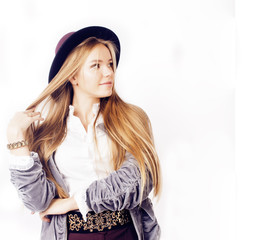 young pretty stylish hipster girl posing emotional isolated on w