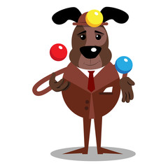 Cartoon illustrated vector business brown dog juggler.
