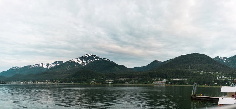 View of the bay in Juneau Alaska with mountains and water