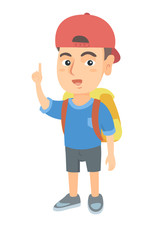 Obraz na płótnie Canvas Cheerful caucasian boy pointing his forefinger up. Full length of happy smiling boy in a cap pointing forefinger up. Vector sketch cartoon illustration isolated on white background.