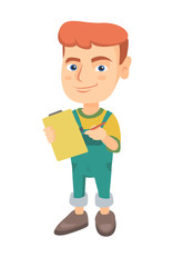 Happy little caucasian boy writing on the paper attached to a clipboard. Laughing boy holding clipboard and pencil. Vector sketch cartoon illustration isolated on white background.