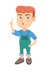 Happy little caucasian boy with open mouth pointing finger up. Surprised boy with open mouth came up with a creative idea. Vector sketch cartoon illustration isolated on white background.