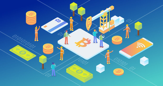 Bitcoin Crypto Currency Blockchain Mining Site Isometric Composition Background Wallpaper With People and Digital Related Asset Illustration