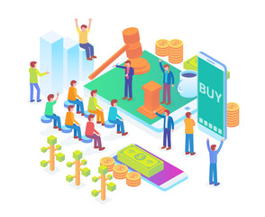Modern Isometric Smart Online Auction Technology Illustration in White Isolated Background