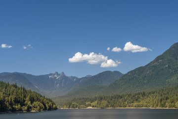 lake among the mountains covered with dense forests