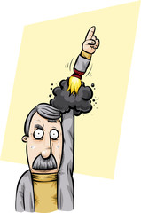 A cartoon man pointing up as his hand launches like a rocket on flame and smoke.