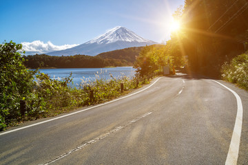 Mt Fuji in Japan and road at Lake Kawaguchiko
