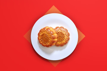 Moon cake on the red background,Asian traditional festival, Mid-Autumn festival.Chinese traditional festival.