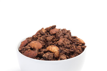 Close up Granola on white bowl isolated on white background.