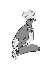 jagen grillen essen hunger wurst würstchen koch schürze chef küche kochmütze süß niedlich comic cartoon gesicht rabe sitzend adler falke taube vogel fliegen clipart