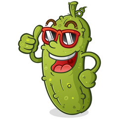 A Groovy Pickle Cartoon Character with a bad Attitude wearing Sunglasses and giving an enthusiastic Thumbs Up - 217250142