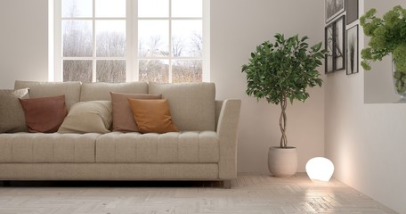 Idea of white minimalist room with sofa. Scandinavian interior design. 3D illustration