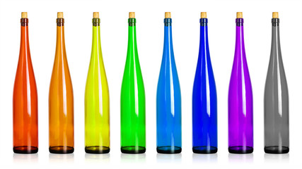 Colorfuls of wine bottles isolated on white background. Beverage container in long shape without label. ( Clipping path )