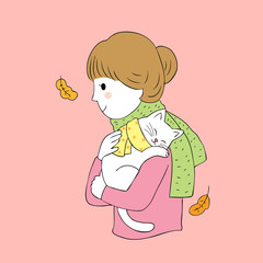 Cartoon cute Autumn woman hug cat vector.