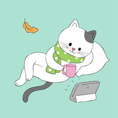 Cartoon cute Autumn cat relax vector.