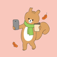 Cartoon cute squirrel selfie vector.