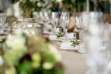 Wedding Banquet or gala dinner. The chairs and table for guests, served with cutlery and crockery....