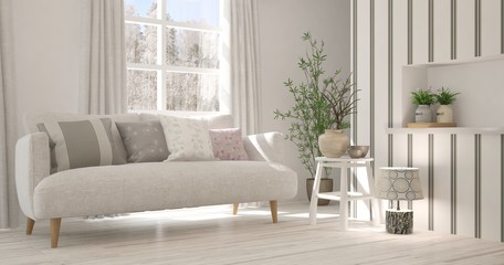 White room with sofa and winter landscape in window. Scandinavian interior design. 3D illustration