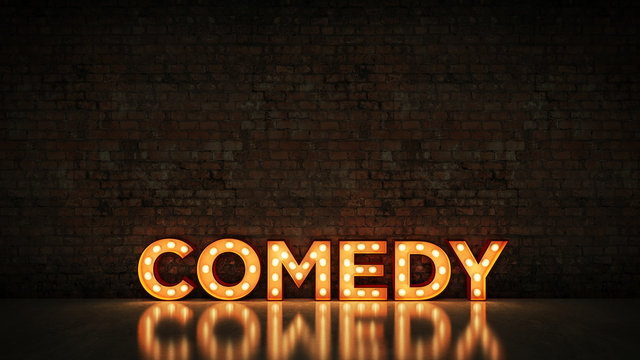Neon Sign on Brick Wall background - comedy. 3d rendering