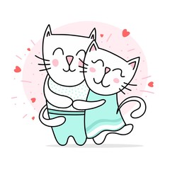 Two loving white cats hugs and smiling. Happy Valentine`s day love vector flat illustration card