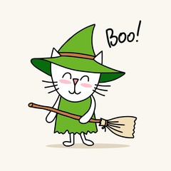 Cute little kitty witch celebrates Happy Halloween day. Funny cartoon flat vector animal illustration