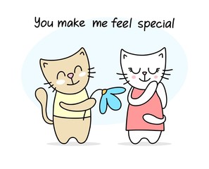 Cute cat gives the flower to his girlfriend. Happy Valentine`s day love vector illustration card