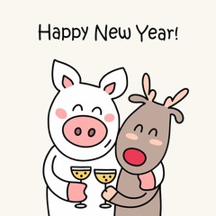 Happy New Year poster with cute white pig and brown deer. Friends animals flat vector illustration