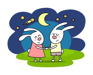 Fototapeta premium Couple of two happy in loved bunnies. Cartoon flat vector illustration love card