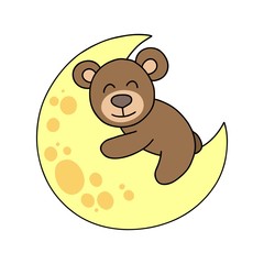 Cute bear laying on the moon. Cartoon animal flat illustration card